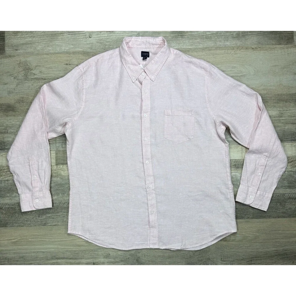 J Crew Linen Shirt Mens Light Pink Long Sleeve Button Up Dress Shirt Size XXL